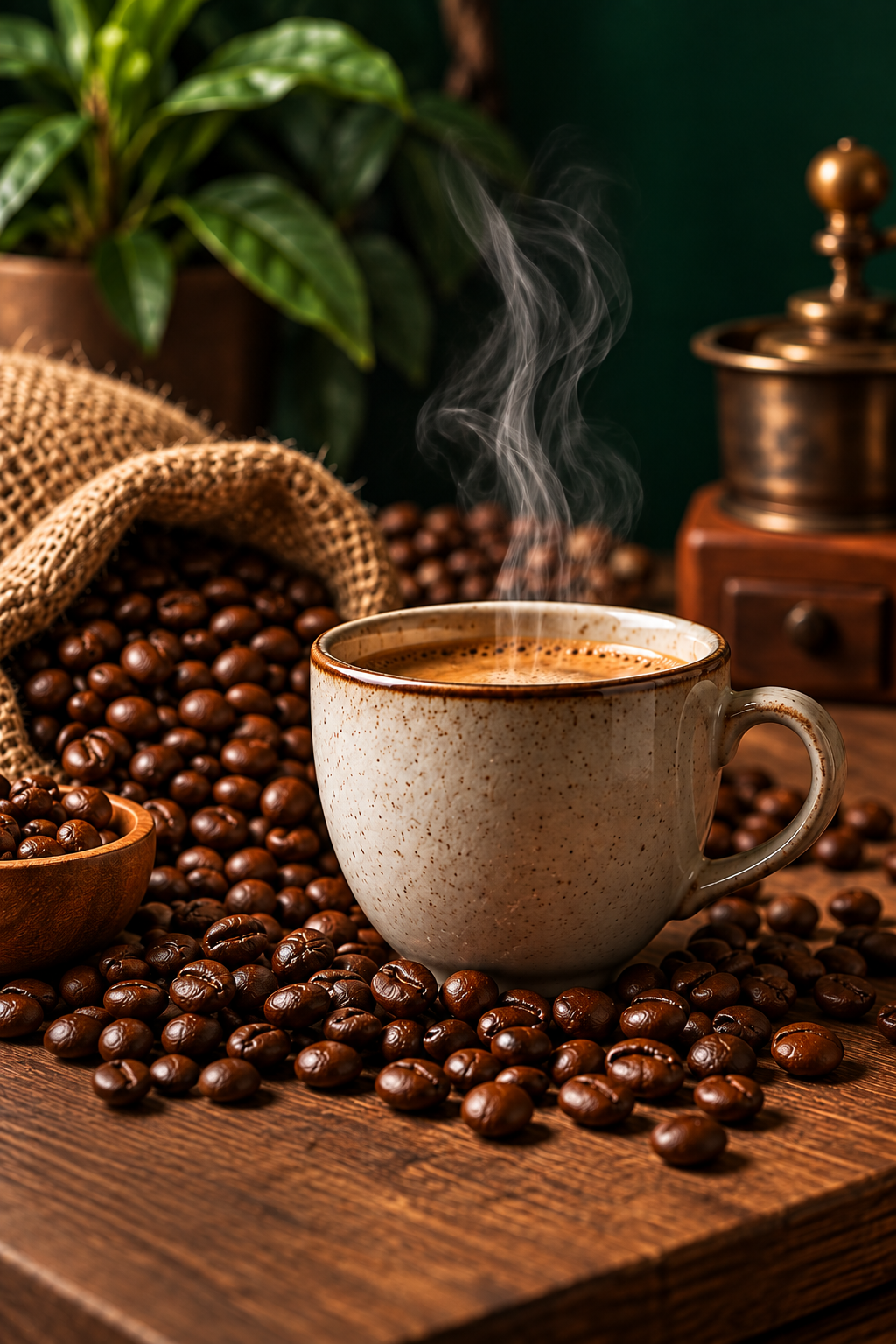 Vers gebrande koffiebonen en een kop koffie